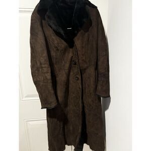 Vintage Por Santa Maria Suede Leather Brown Fur Lined Long Jacket Sz 8‎ Flaws